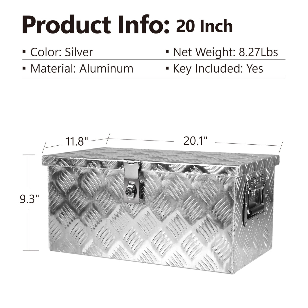 20 Inch Truck Box Silver Aluminum Tool Long Box 5 Bar Tread Flat with Lock Side Handle and Keys 20.1"×11.8"×9.3" - Fab Heavy Parts