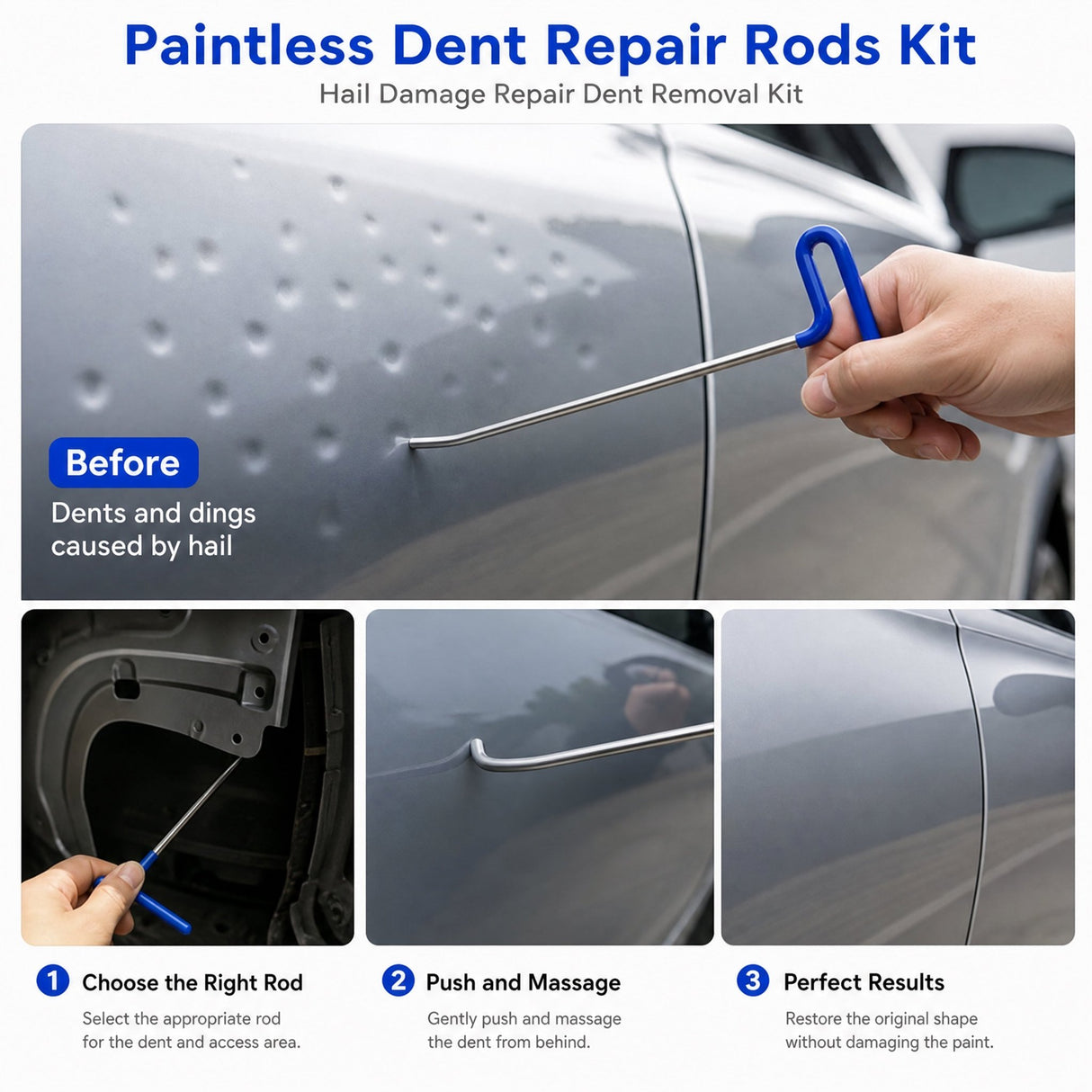 20 Pcs Paintless Dent Repair Rods Kit Stainless Steel Dent Removal Tools for Car Hail Damage, Door Dings, Minor Dents - Fab Heavy Parts