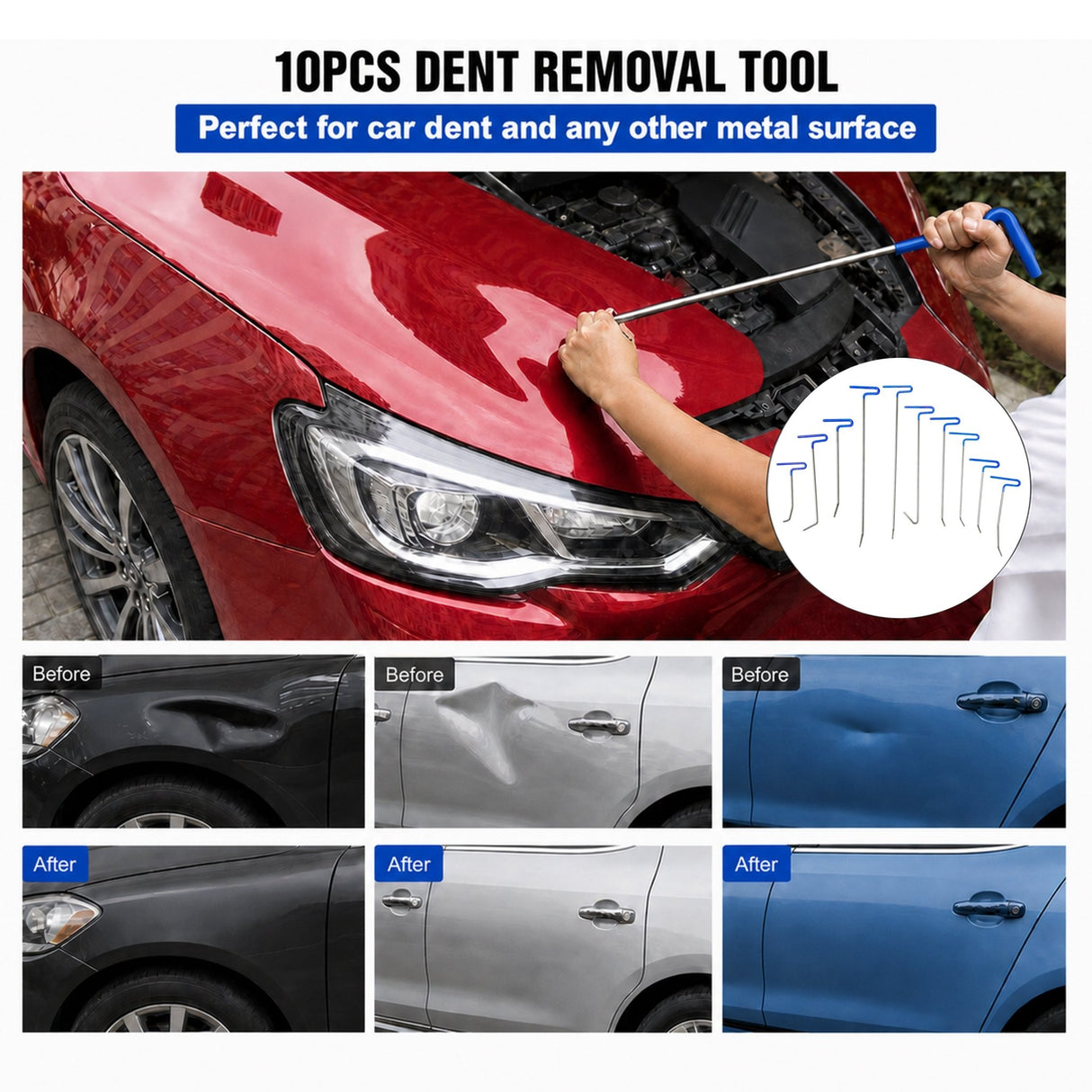 20 Pcs Paintless Dent Repair Rods Kit Stainless Steel Dent Removal Tools for Car Hail Damage, Door Dings, Minor Dents - Fab Heavy Parts