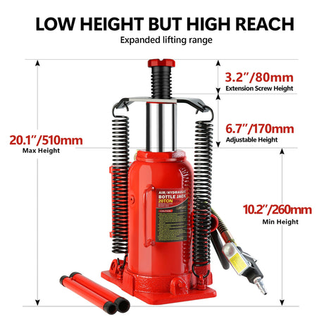 20 Ton Air Hydraulic Bottle Jack with Manual Hand Pump - Red - Fab Heavy Parts