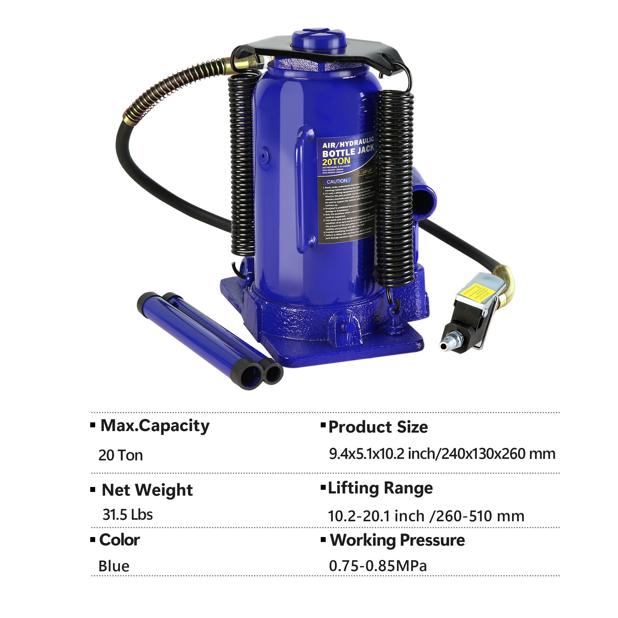 20 Ton Pneumatic Air Hydraulic Bottle Jack with Manual Hand Pump - Blue - Fab Heavy Parts