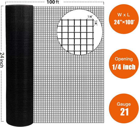 24 inch×100 ft Black Vinyl Coated Hardware Cloth 21 Gauge 1/4 inch Black PVC Hardware Cloth Black Welded Wire Fence - Fab Heavy Parts