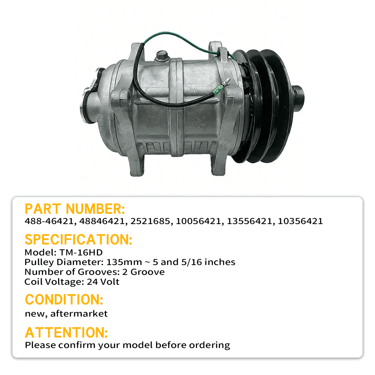 24V 2PK 135mm TM - 16HD A/C Compressor 488 - 46421 2521685 10056421 13556421 10356421 Fits for Seltec - Fab Heavy Parts