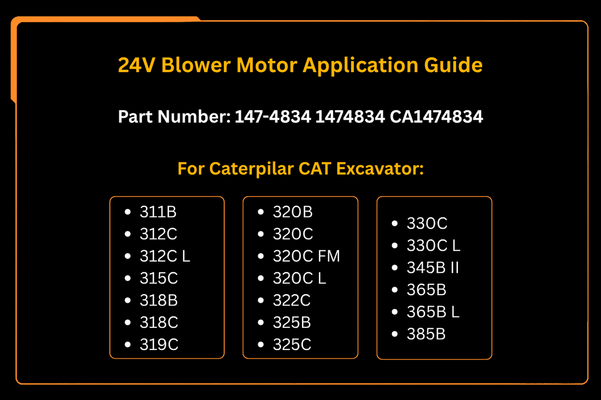 24V Blower Motor 147 - 4834 1474834 Fits for Caterpillar CAT Excavator 311B 312C 312C L 315C 318B 320B 320C Engine 3456 3196 3176C 3126 3066 - Fab Heavy Parts