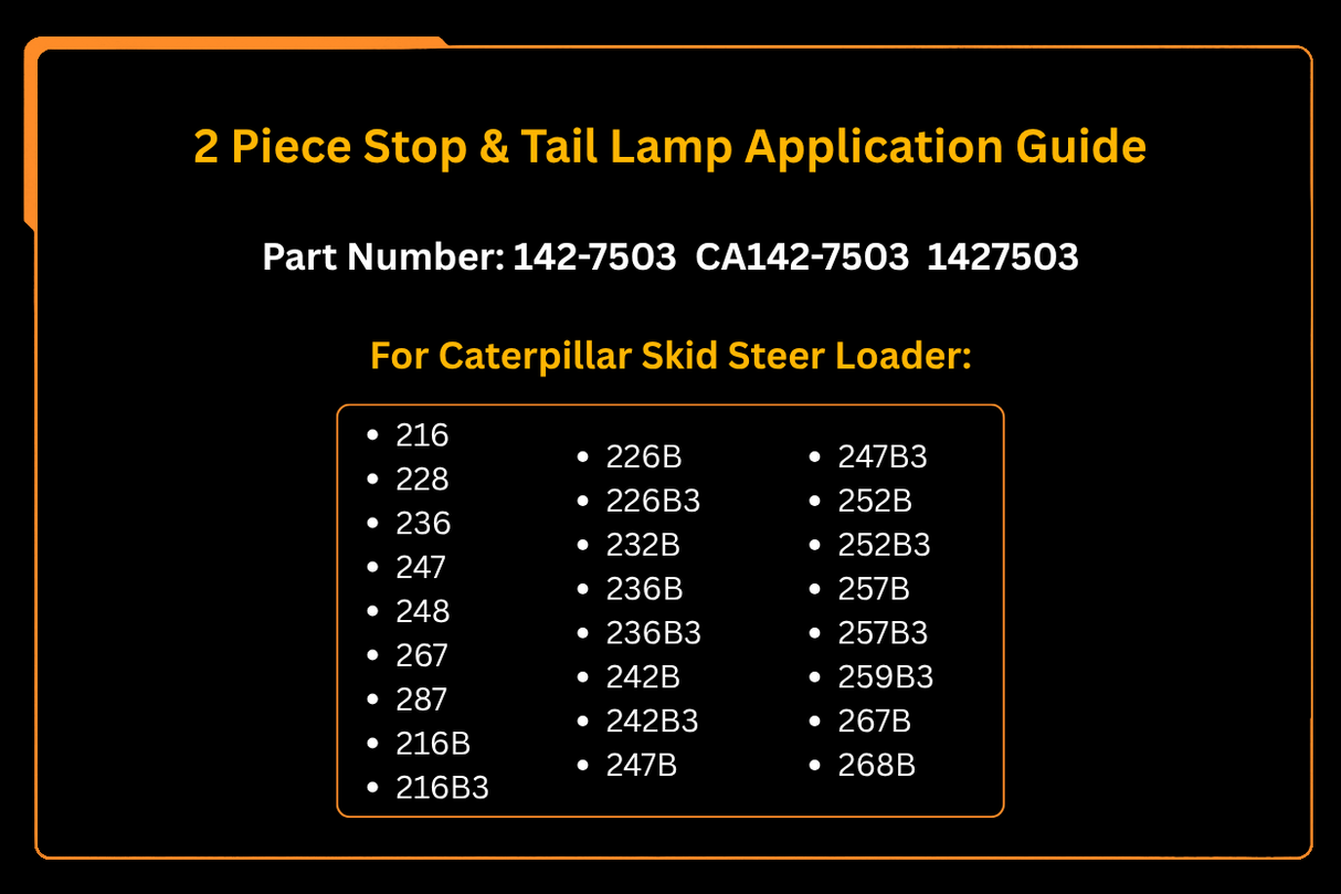 2-teiliges Stop & Rücklicht 142-7503 1427503 Passend für Caterpillar CAT 216 228 236 247 248 267 287 216B 226B 232B 236B 242B 247B 252B 257B 267B 268B