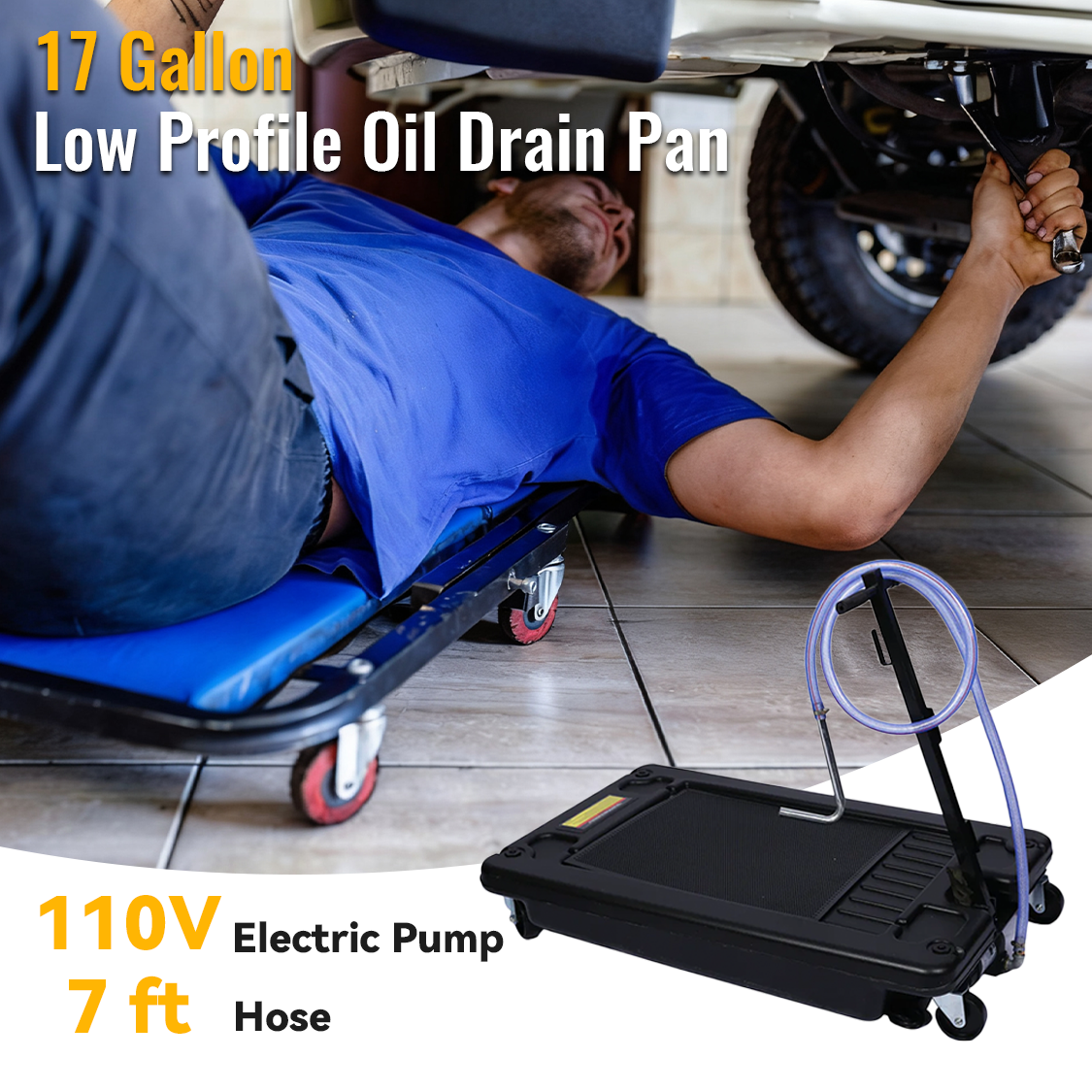 17 Gallon Low Profile Oil Drain Pan with Electric Pump