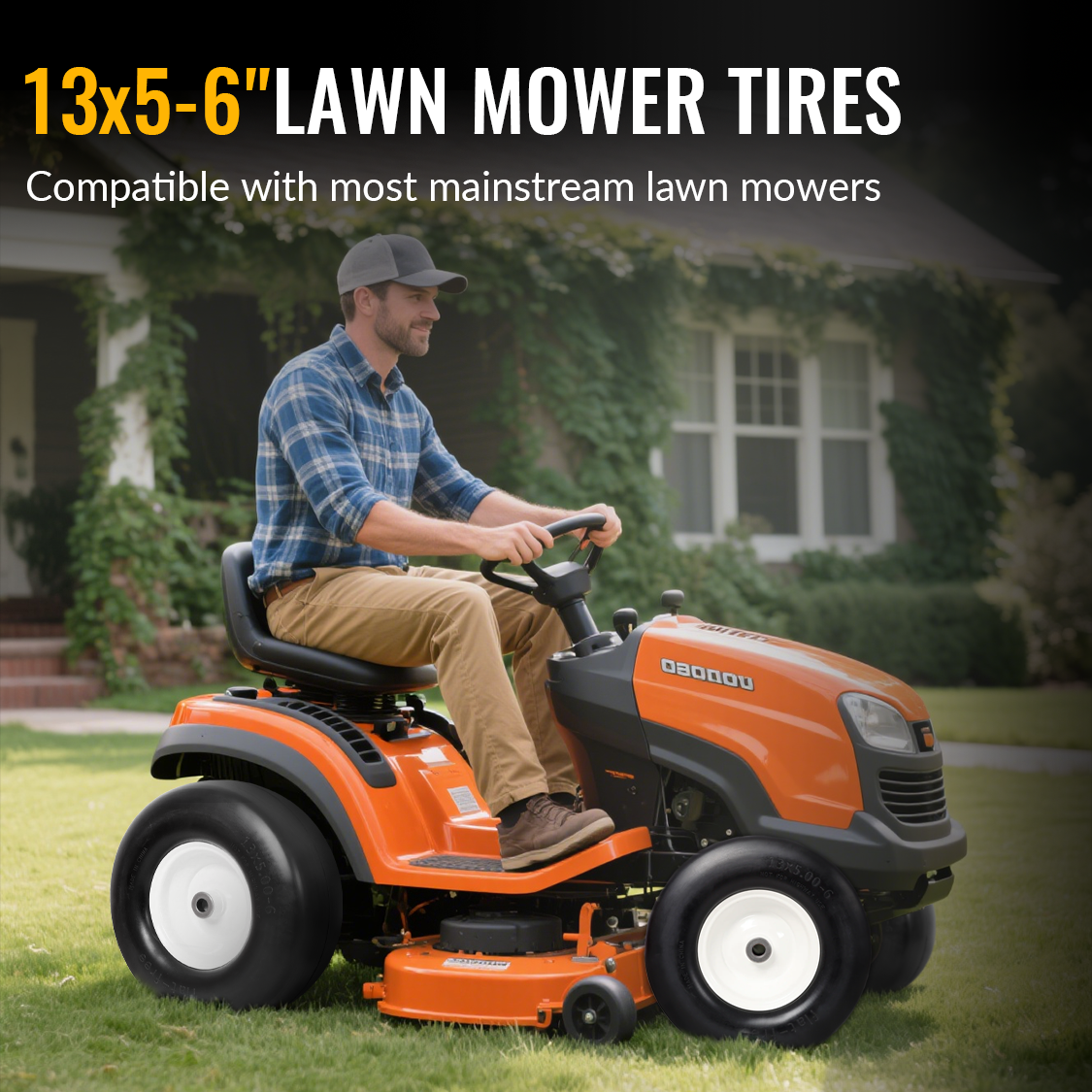 2PCS 13x5.00-6" Flat Free Lawn Mower Tires Smooth Tread 3/4" Bearing 3" Central Hub 500 LB Capacity per pc.