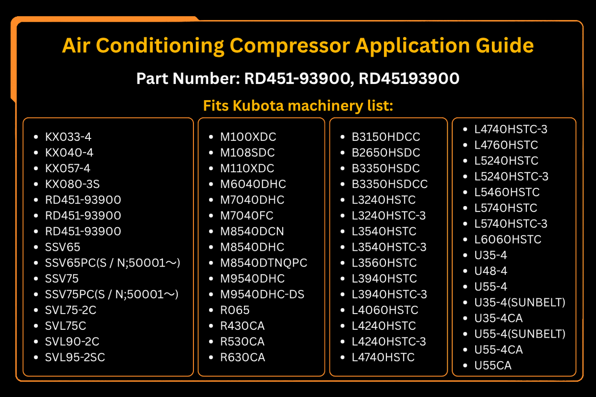 Compressore dell'aria condizionata RD451-93900 adatto per pala cingolata Kubota SVL75C SVL75-2C SVL90C SVL95 escavatore KX057