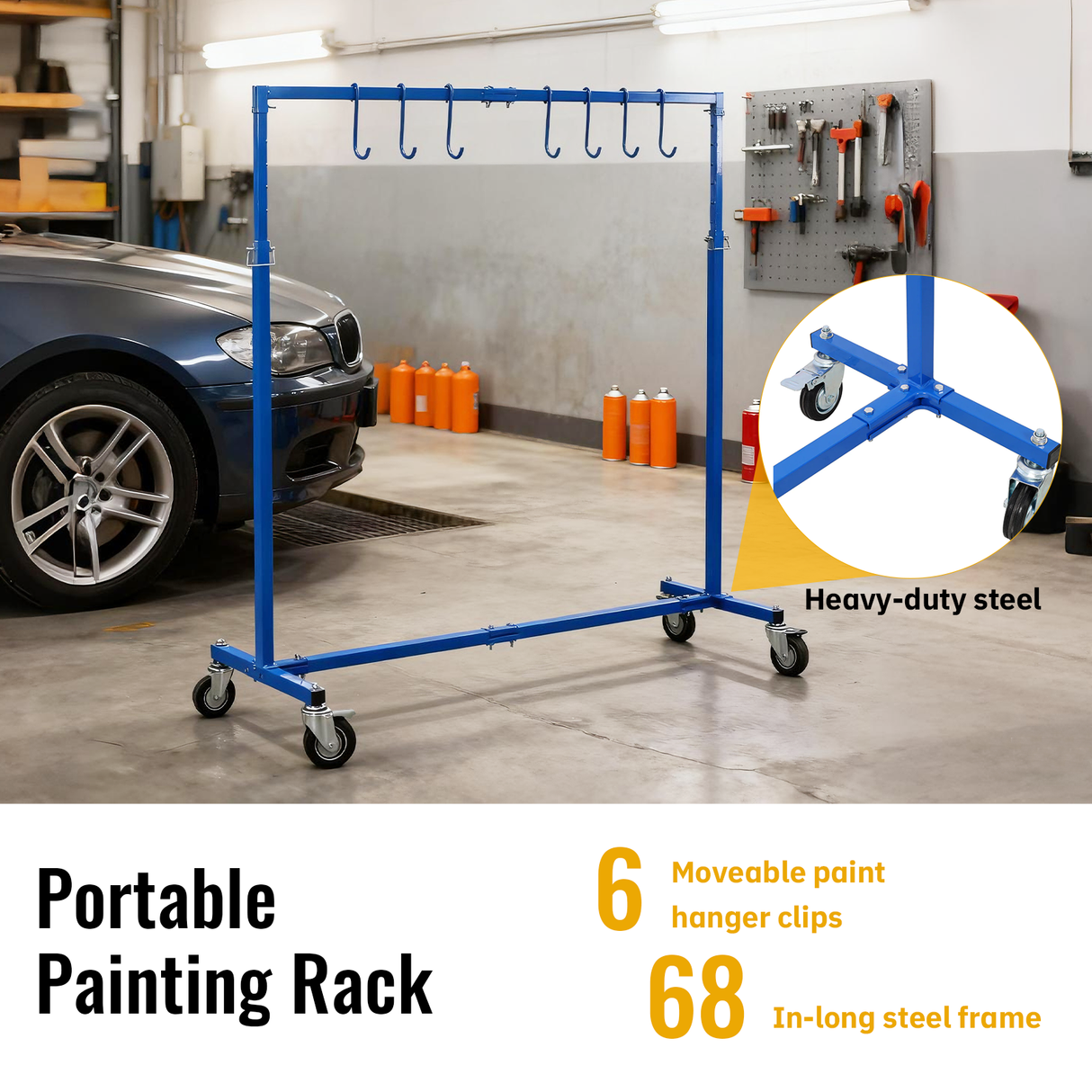 Adjustable Height Paint Hanger Drying Rack Mobile Painting Stand with 6 Hanging Hooks--Blue