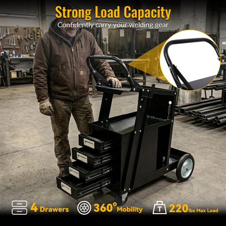 Heavy Duty 2-Tier 4 Drawers Rolling Welding Cart Portable Welder Storage Trolley with Wheels for MIG TIG ARC Welder Plasma Cutter and Welding Accessories