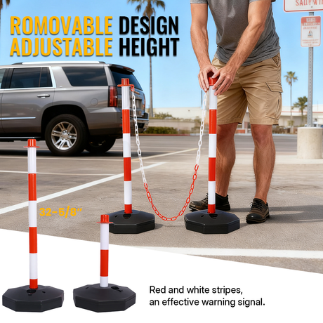 12 Pack Traffic Delineator Post Cones with Fillable Base Adjustable Safety Barrier with 5Ft Plastic Chain--White+Red