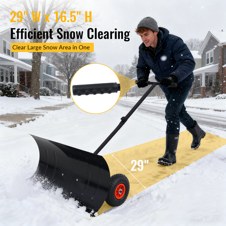 Snow Shovel Pusher with Wheels Cushioned Adjustable Angle Handle Removal Tool 29" Blade 10" Wheels Black