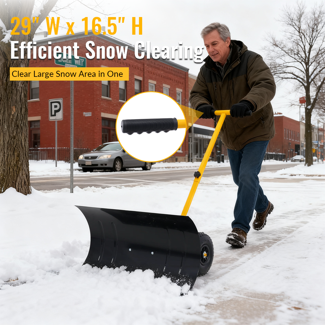 Snow Shovel with Wheels Cushioned Adjustable Angle Handle 29" Blade 10" Wheels--Yellow