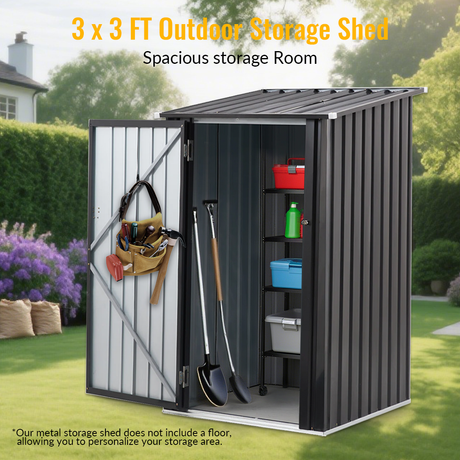 3 x 3 FT Outdoor Storage Shed with Single Lockable Door Metal Steel--Dark Gray