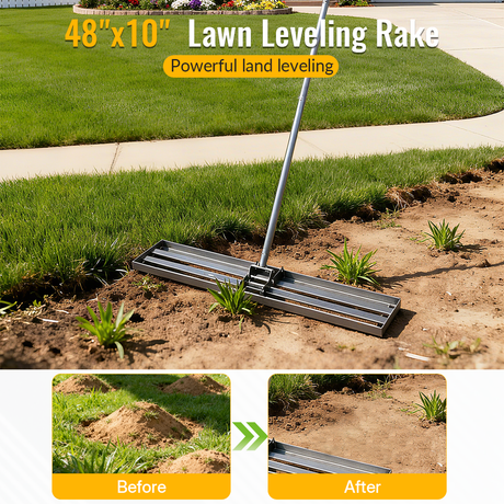 Lawn Leveling Rake Tool 48"x10" Heavy Duty Effort Saving 7FT Steel Handle