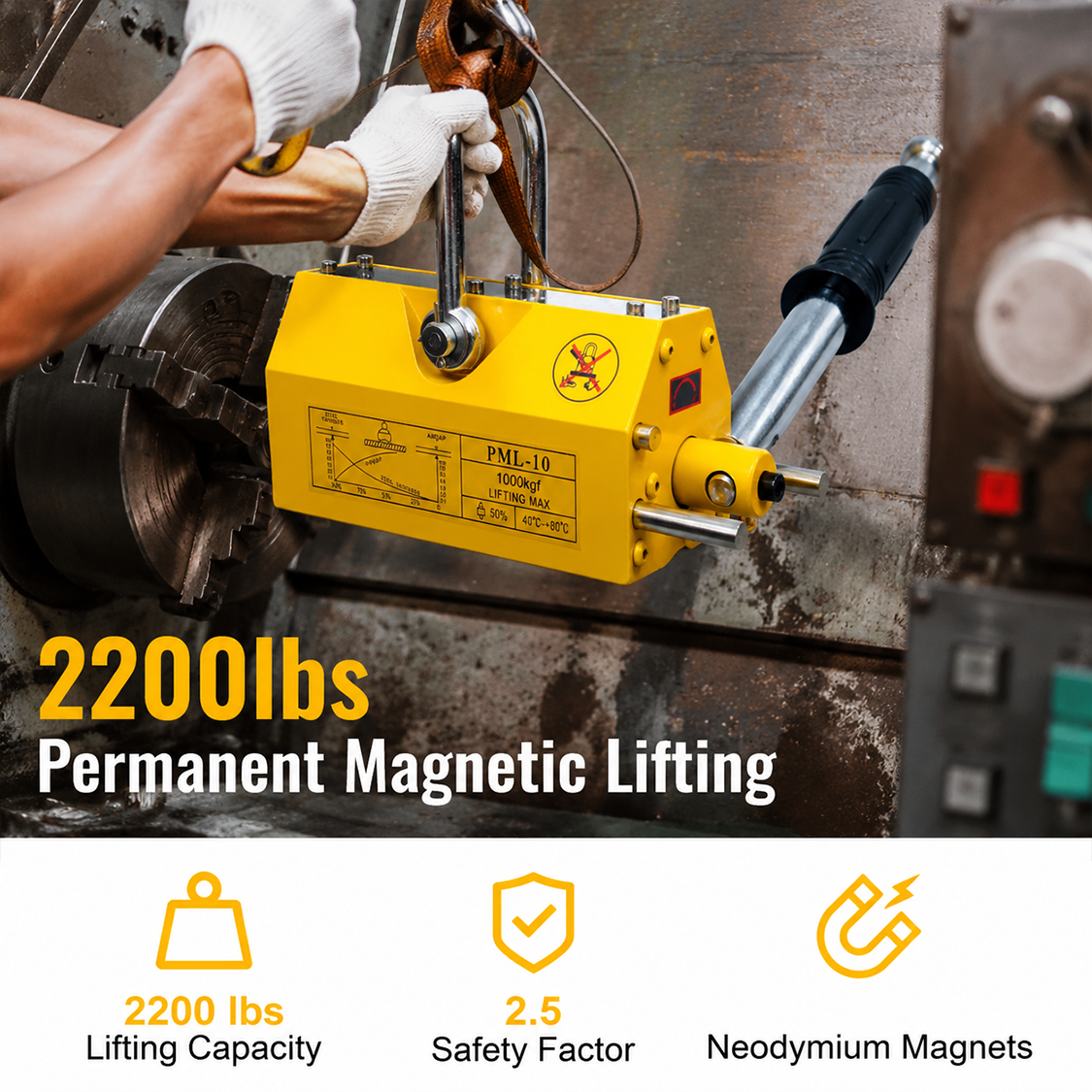Permanent Magnetic Lifting with Release 2200lbs/1000kg Heavy Duty Magnet 2.5 Safety Factor Neodymium & Steel
