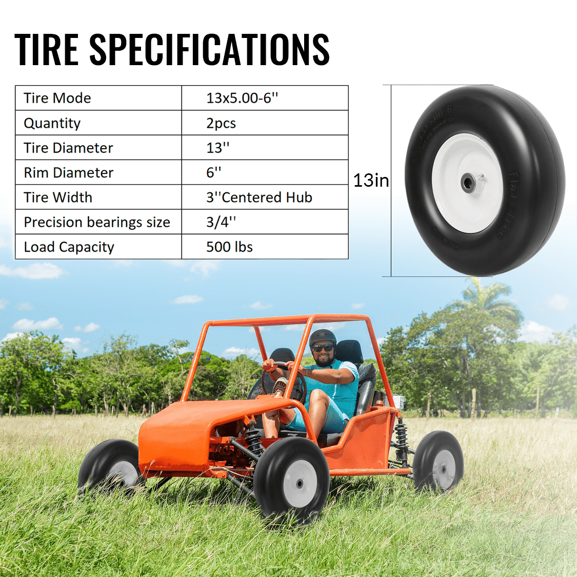 2PCS 13x5.00 - 6" Flat Free Lawn Mower Tires Smooth Tread 3/4" Bearing 3" Central Hub 500 LB Capacity per pc. - Fab Heavy Parts
