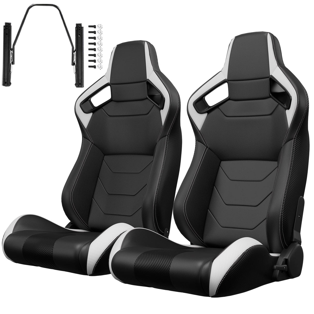 2PCS New Universal Bucket Racing Seats Black Stitch PVC Leather Reclinable Carbon Look Leather Back With Adjustor Slider(Not Including Seat Bracket) - Fab Heavy Parts