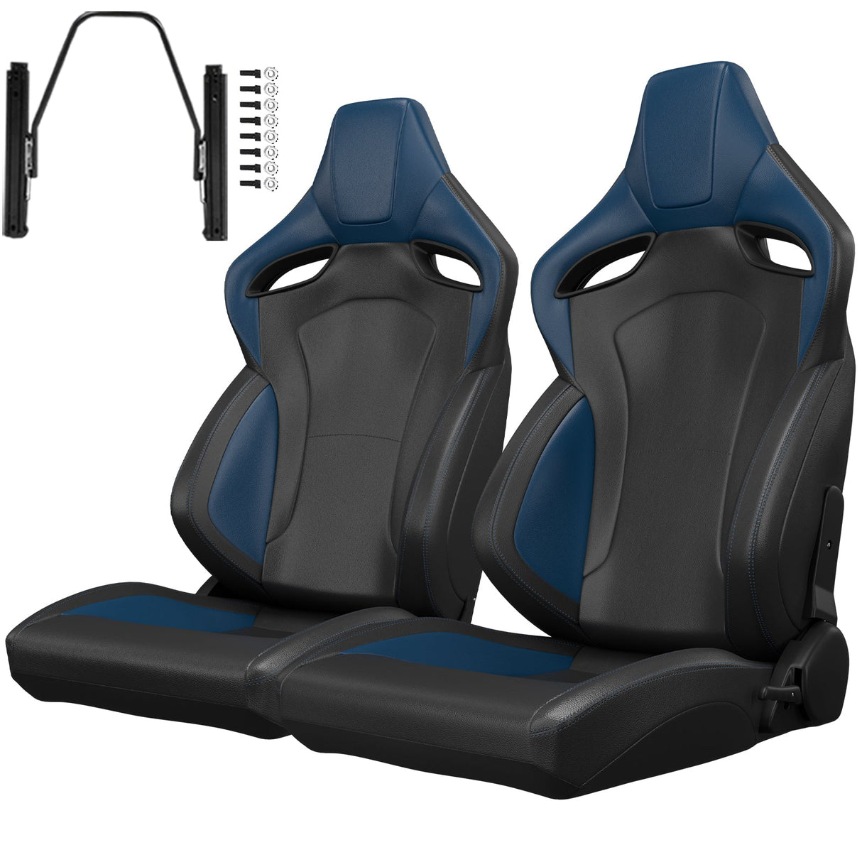 2PCS New Universal Bucket Racing Seats Blue Stitch PVC Leather Reclinable Carbon Look Leather Back With Adjustor Slider(Not Including Seat Bracket) - Fab Heavy Parts