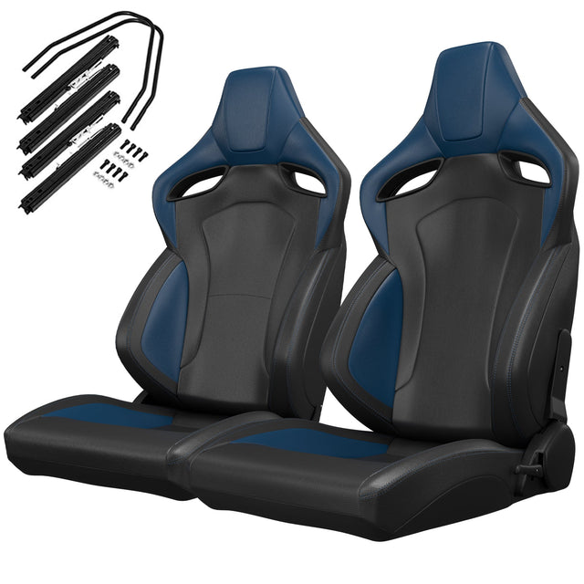 2PCS New Universal Bucket Racing Seats Blue Stitch PVC Leather Reclinable Carbon Look Leather Back With Adjustor Slider(Not Including Seat Bracket) - Fab Heavy Parts