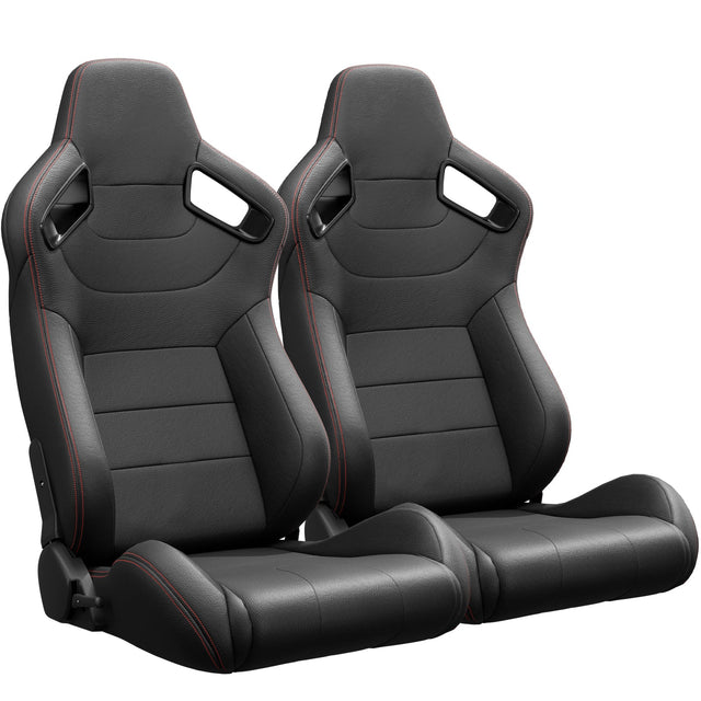 2PCS New Universal Bucket Racing Seats Red Stitch PVC Leather Reclinable Carbon Look Leather Back With Adjustor Slider(Not Including Seat Bracket) - Fab Heavy Parts