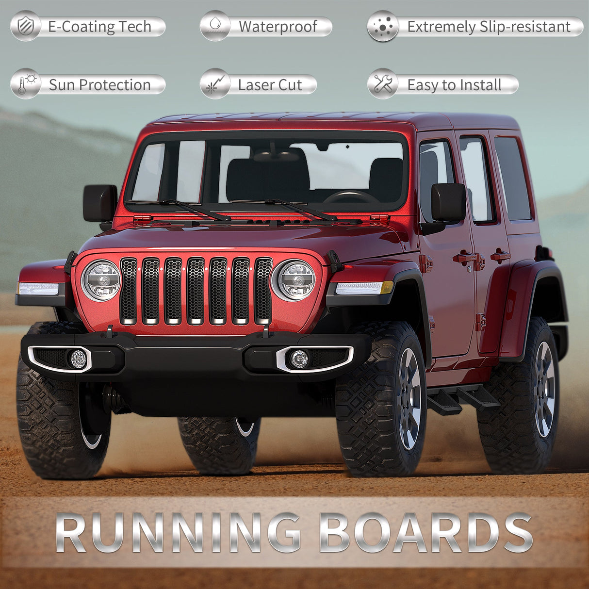 2PCS Running Boards For 18 - 25 Jeep Wrangler JL Black Powder Coated Side Steps Bars - Fab Heavy Parts
