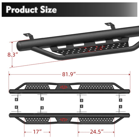 2PCS Running Boards For 2018 - 2025 Jeep Gladiator JT 4 Full Size Doors Two Stairs 6" Coated Black Powder Coated Side Steps - Fab Heavy Parts