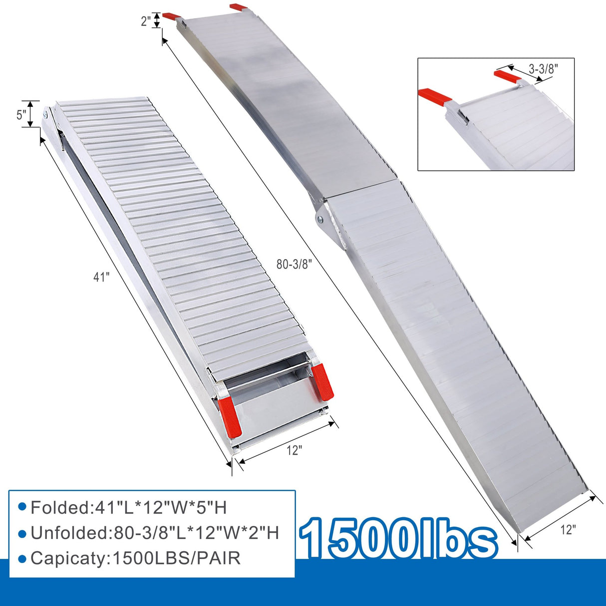 2PCS Truck Ramps 80"x12" Portable Loading Ramp 1500 LBS Capacity Aluminum Folding with Handle & Buckle - Silver - Fab Heavy Parts