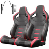 2PCS Universal Bucket Racing Seats Red Stitch Red PVC Leather Reclinable Carbon Look Leather Back With Adjustor Slider(Not Including Seat Bracket) - Fab Heavy Parts