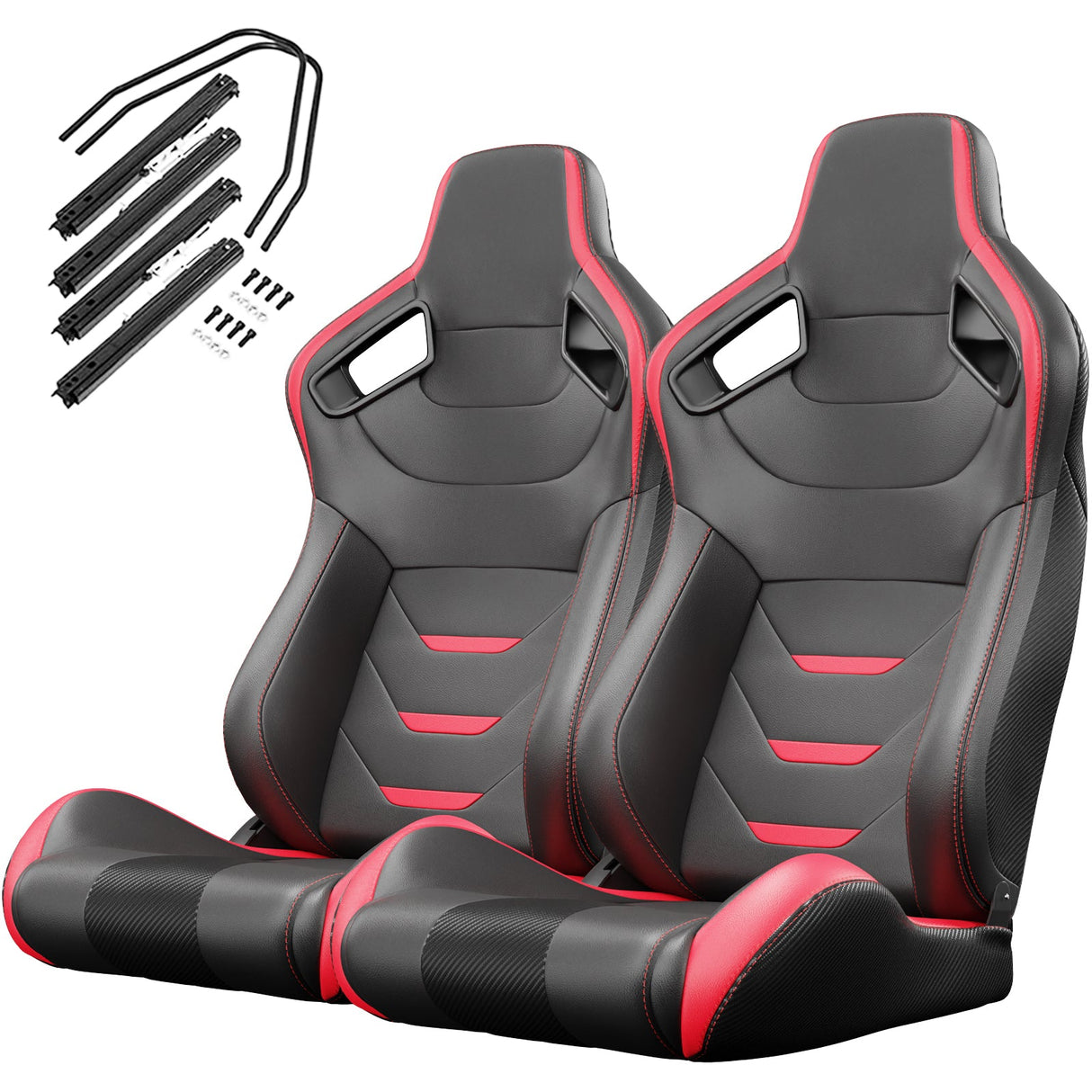 2PCS Universal Bucket Racing Seats Red Stitch Red PVC Leather Reclinable Carbon Look Leather Back With Adjustor Slider(Not Including Seat Bracket) - Fab Heavy Parts