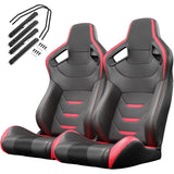 2PCS Universal Bucket Racing Seats Red Stitch Red PVC Leather Reclinable Carbon Look Leather Back With Adjustor Slider(Not Including Seat Bracket) - Fab Heavy Parts
