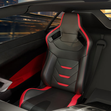 2PCS Universal Bucket Racing Seats Red Stitch Red PVC Leather Reclinable Carbon Look Leather Back With Adjustor Slider(Not Including Seat Bracket) - Fab Heavy Parts