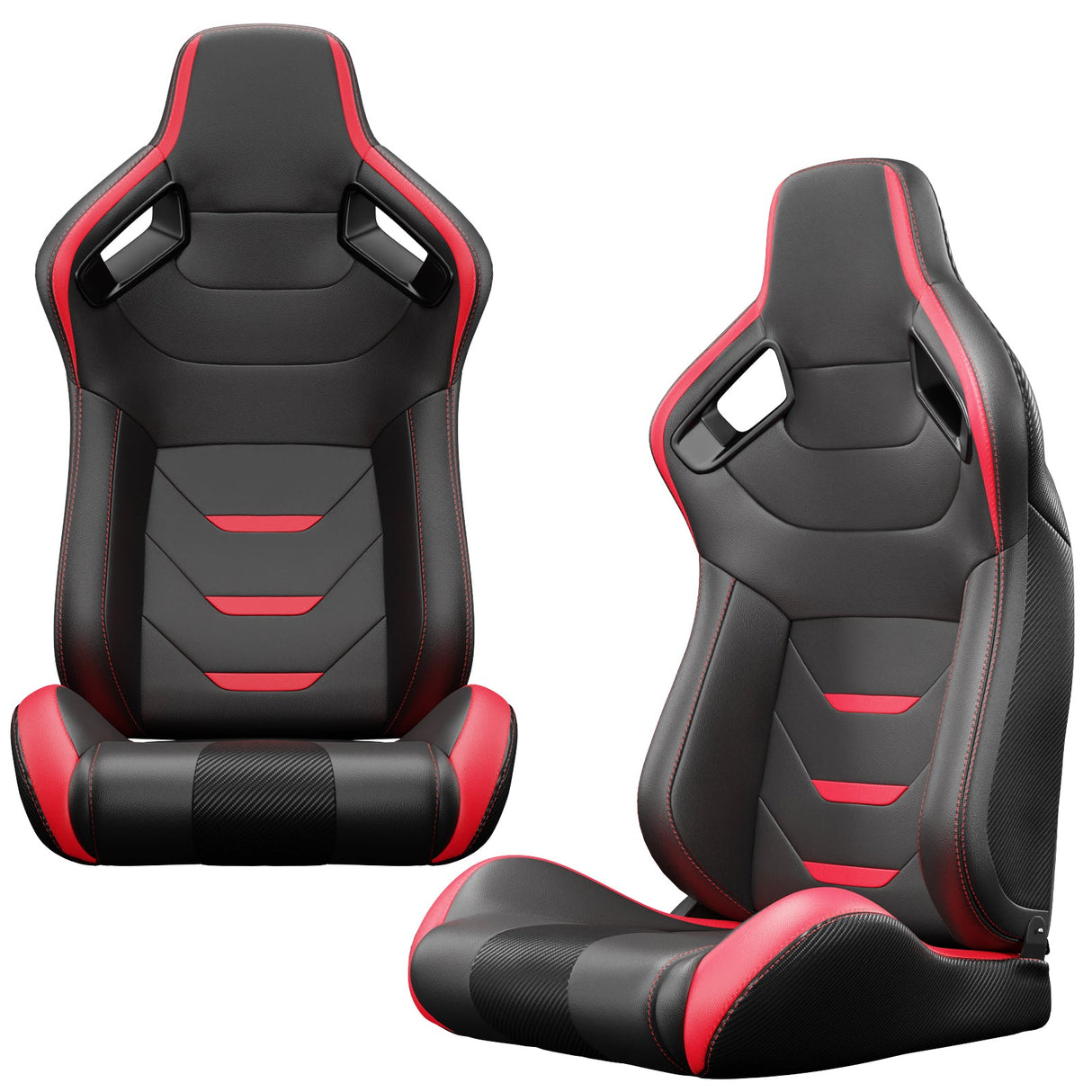 2PCS Universal Bucket Racing Seats Red Stitch Red PVC Leather Reclinable Carbon Look Leather Back With Adjustor Slider(Not Including Seat Bracket) - Fab Heavy Parts