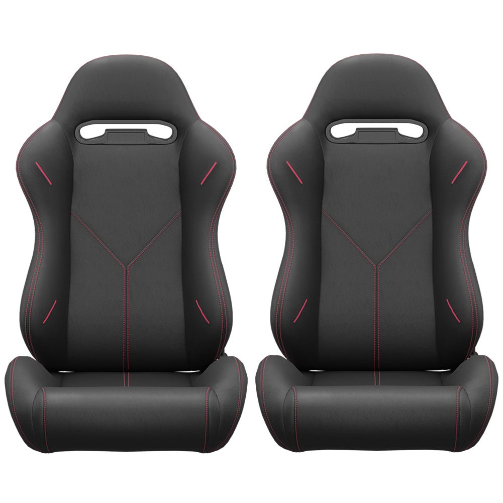 2PCS Universal Bucket Racing Seats Stitch Red PVC Leather Reclinable Carbon Look Leather Back With Adjustor Slider(Not Including Seat Bracket) - Fab Heavy Parts
