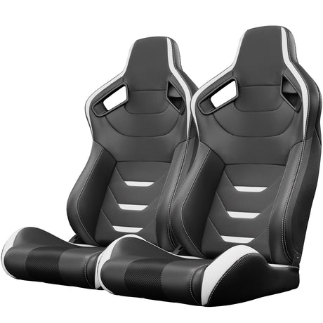 2PCS Universal Bucket Racing Seats White Stitch PVC Leather Reclinable Carbon Look Leather Back With Adjustor Slider(Not Including Seat Bracket) - Fab Heavy Parts
