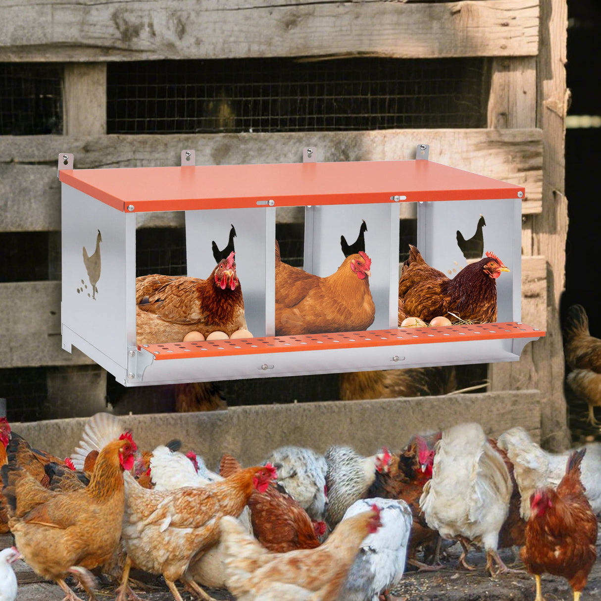 3 - Bay Metal Chicken Nesting Box Wall Mount Easy Egg Collection Vented Galvanized Steel - Orange - Fab Heavy Parts