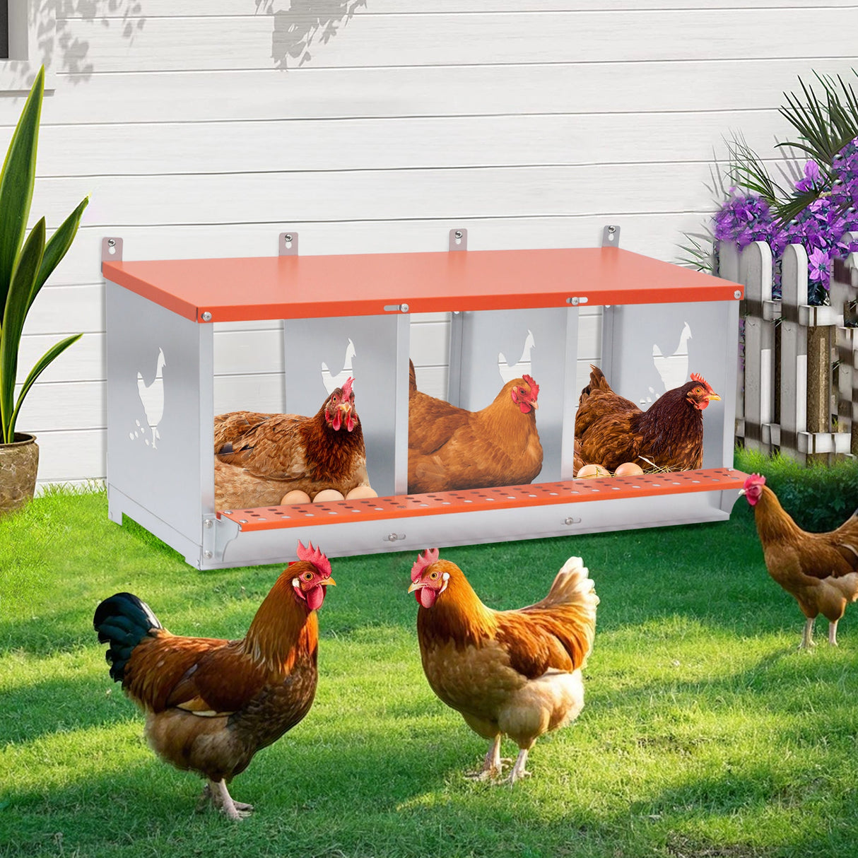 3 - Bay Metal Chicken Nesting Box Wall Mount Easy Egg Collection Vented Galvanized Steel - Orange - Fab Heavy Parts