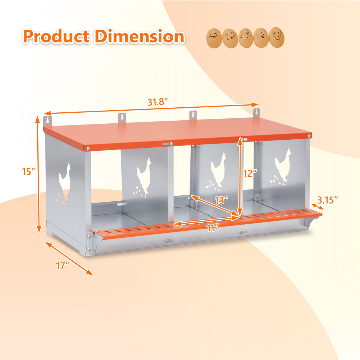 3 - Bay Metal Chicken Nesting Box Wall Mount Easy Egg Collection Vented Galvanized Steel - Orange - Fab Heavy Parts