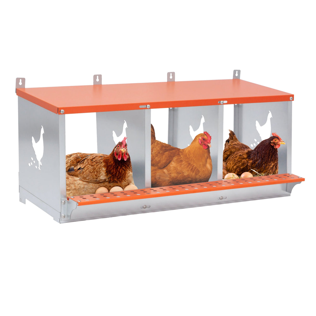 3 - Bay Metal Chicken Nesting Box Wall Mount Easy Egg Collection Vented Galvanized Steel - Orange - Fab Heavy Parts