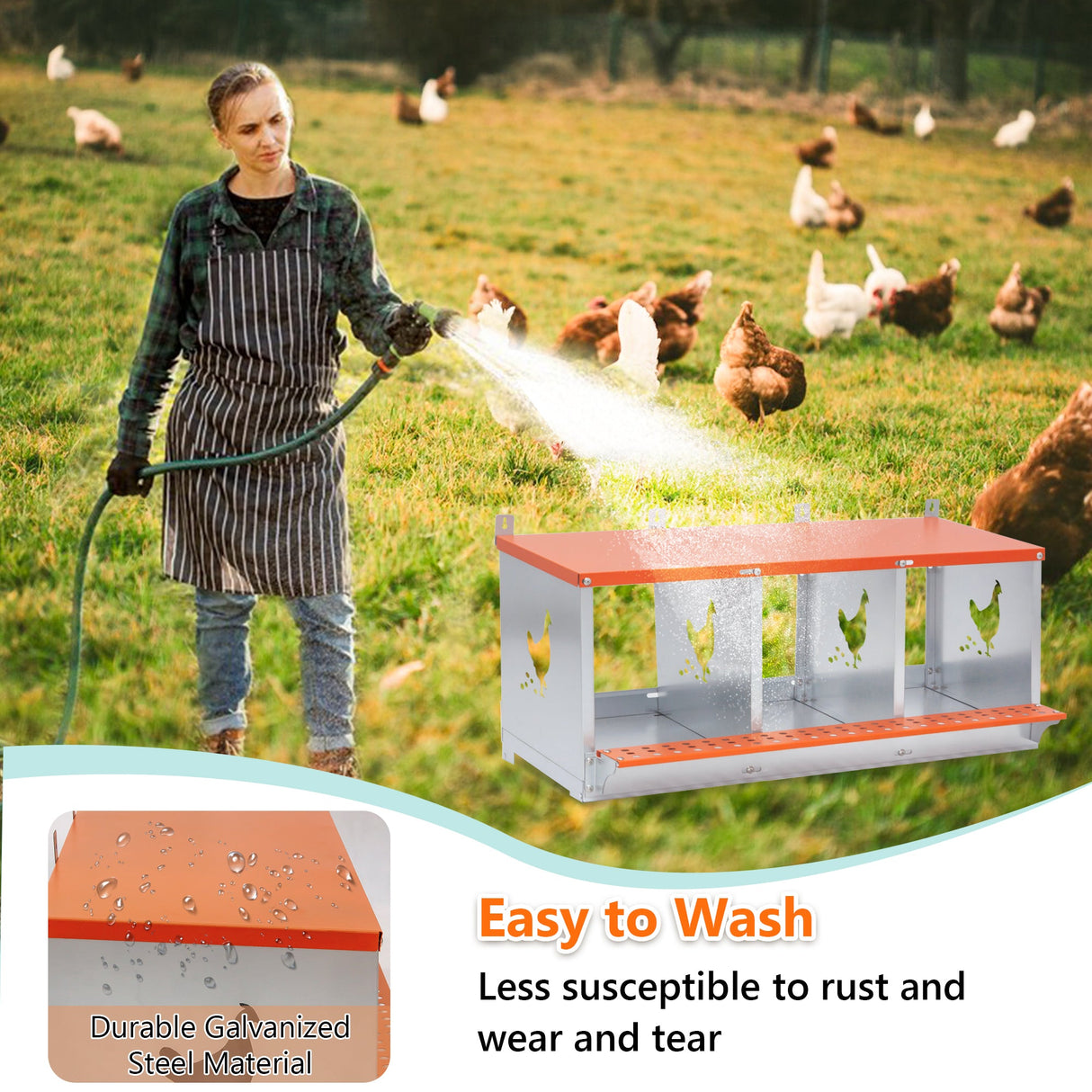 3 - Bay Metal Chicken Nesting Box Wall Mount Easy Egg Collection Vented Galvanized Steel - Orange - Fab Heavy Parts