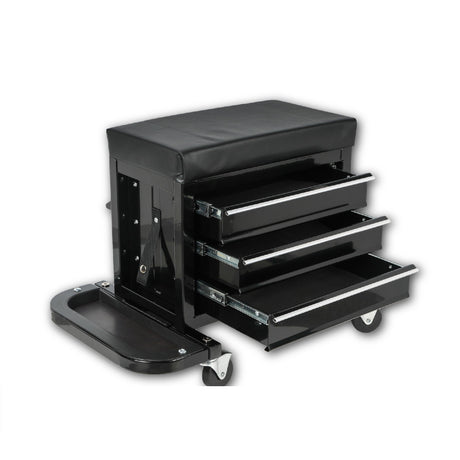3 - Drawer Tool Chest Rolling Mechanic Seat with Tool Trays 350lbs Capacity - Fab Heavy Parts