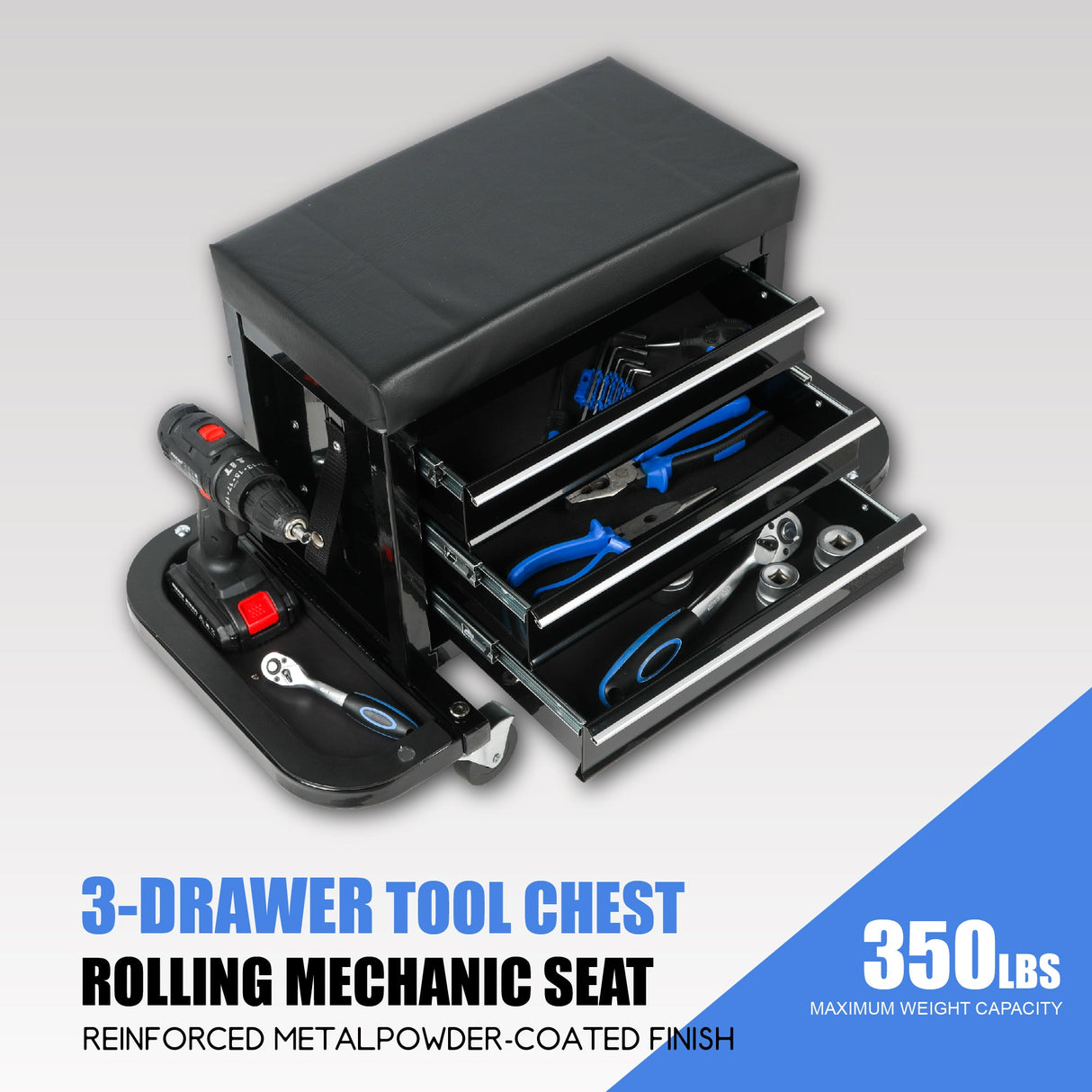 3 - Drawer Tool Chest Rolling Mechanic Seat with Tool Trays 350lbs Capacity - Fab Heavy Parts