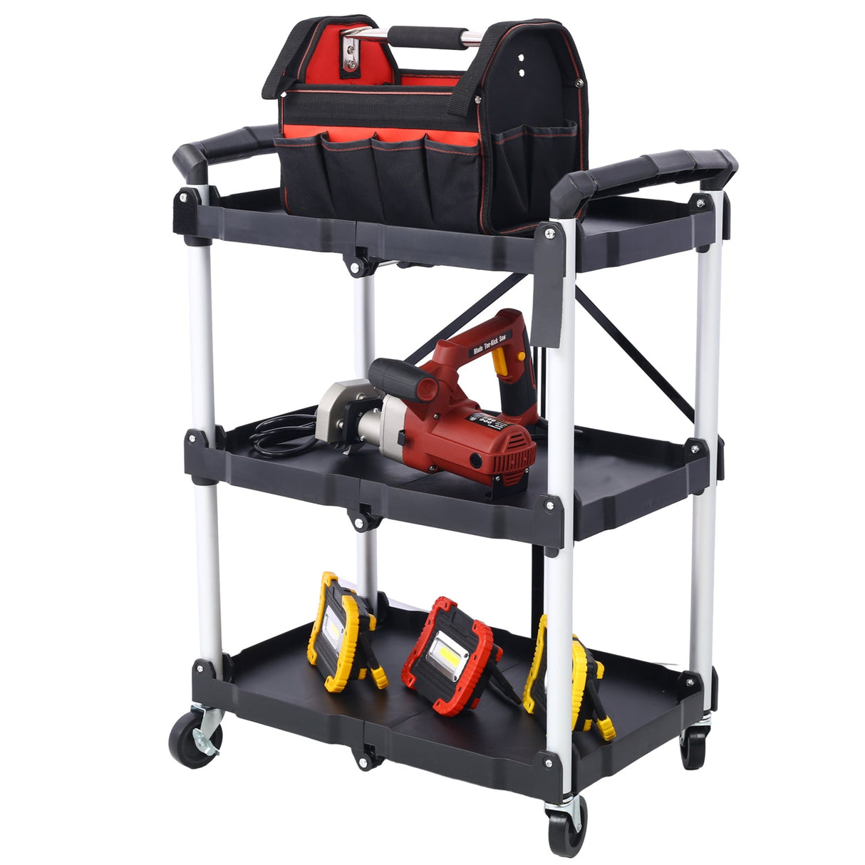 3 Layers Folding Collapsible Service Cart Pack - N - Roll Black 50 Lb. Load Capacity Per Shelf - Fab Heavy Parts