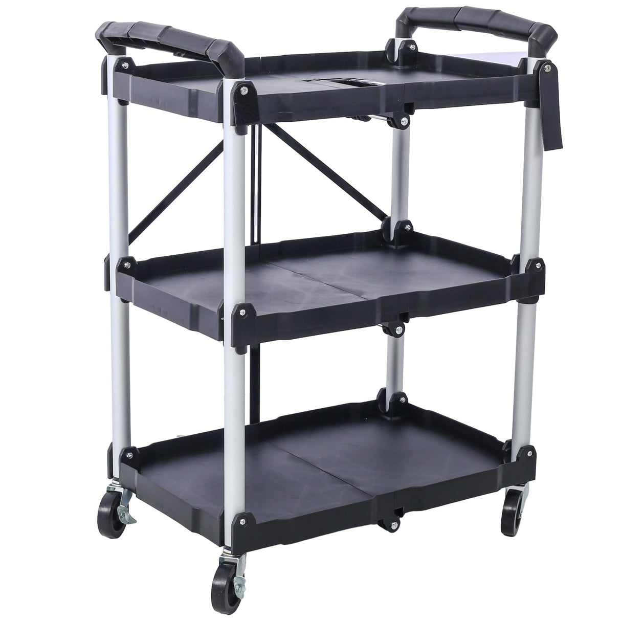 3 Layers Folding Collapsible Service Cart Pack - N - Roll Black 50 Lb. Load Capacity Per Shelf - Fab Heavy Parts