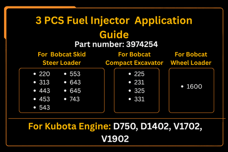 3 PCS Fuel Injector 3974254 for Kubota Engine D750 D1402 V1702 V1902 Aftermarket Replacement For Bobcat 743 643 645 231 225 331 1600 - Fab Heavy Parts