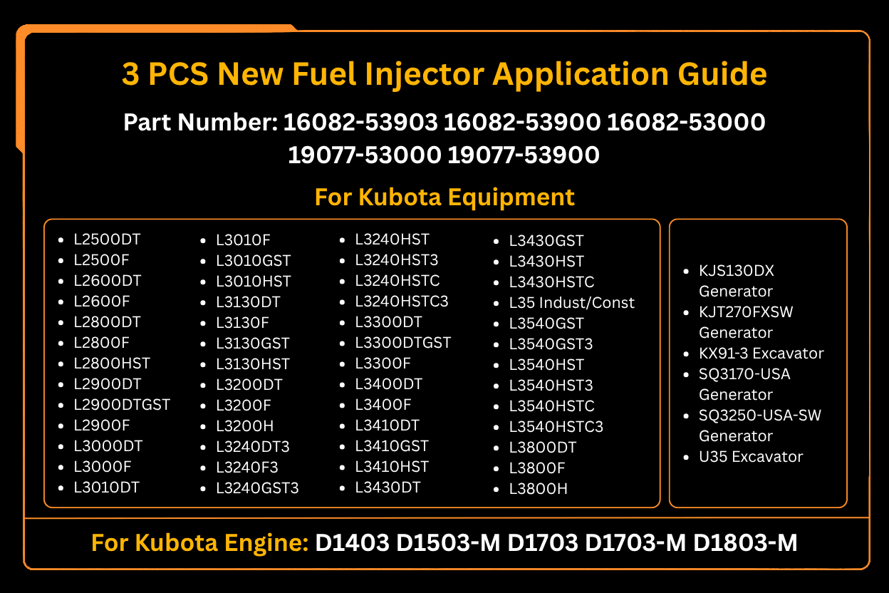 3 PCS New Fuel Injector 16082 - 53903 16082 - 53000 for Kubota D1803 - M D1803 D1703 D1403 D1503 Engine - Fab Heavy Parts