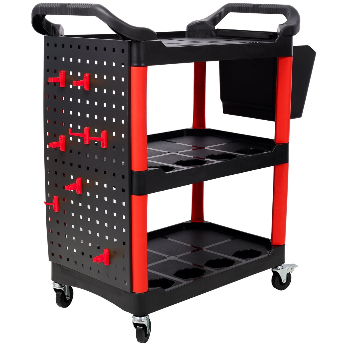 3 Tier Rolling Auto Detail Cart with Wheels & Bucket & Panel & Hook - Red&Black - Fab Heavy Parts