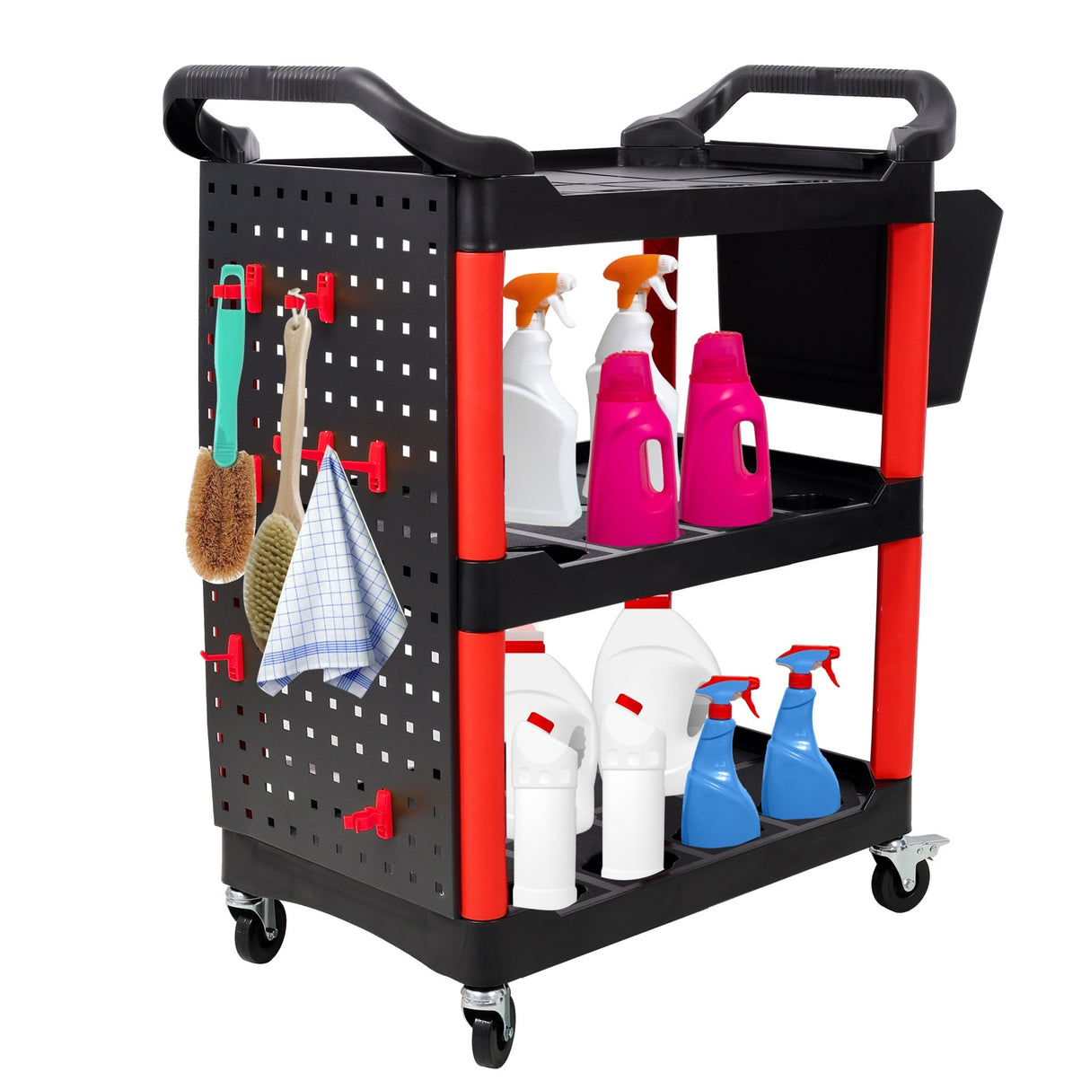 3 Tier Rolling Auto Detail Cart with Wheels & Bucket & Panel & Hook - Red&Black - Fab Heavy Parts