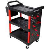 3 Tier Rolling Auto Detail Cart with Wheels & Bucket & Panel & Hook - Red&Black - Fab Heavy Parts