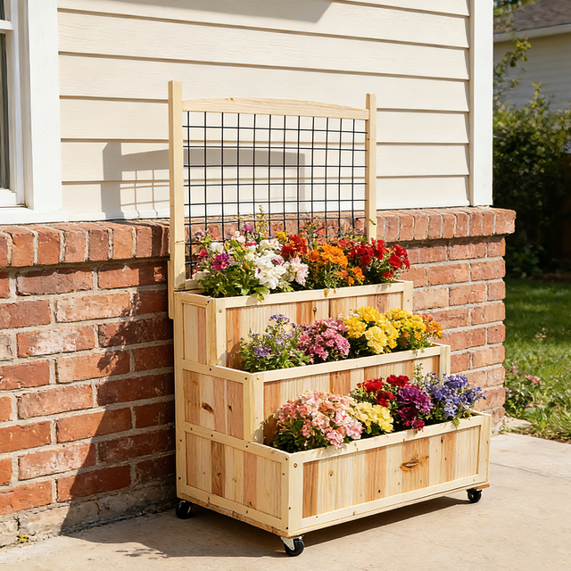 3 - Tiers Raised Garden Bed with Trellis 53" H Vertical Planter Box with Wheels & Back Storage Area for Flowers Vegetables Herbs Natural - Fab Heavy Parts